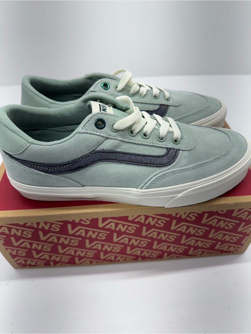 Vans Kids Old Skool Suede Sneakers in Light Mint with Navy Stripe